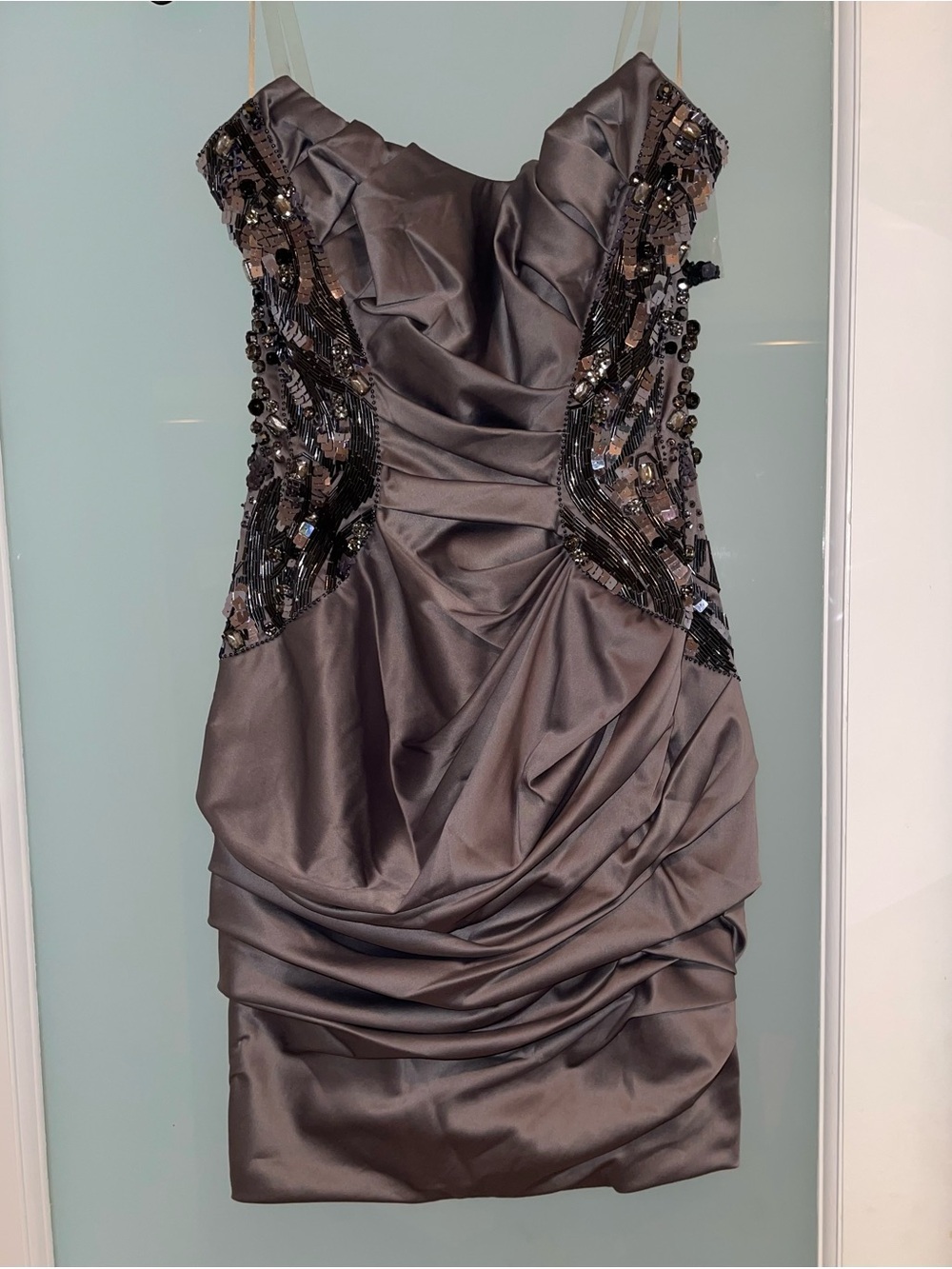 Stunning Mandalay Strapless Ruched Satin Cocktail Dress in Steel Gray